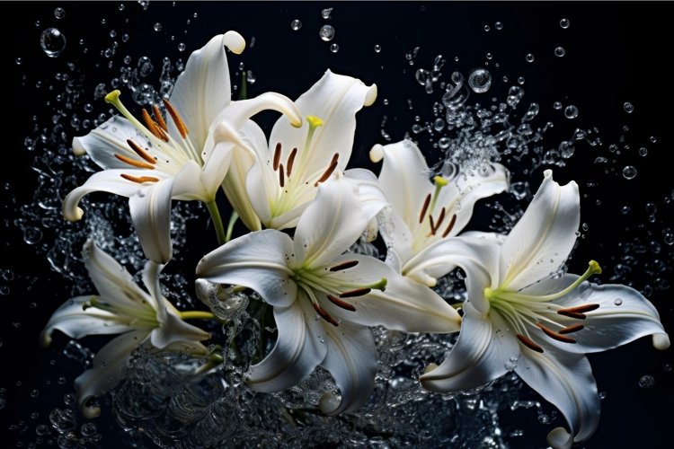 Lily flowers splashes on black background. Generate ai