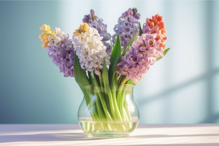 Spring hyacinths floral plant vase. Generate Ai