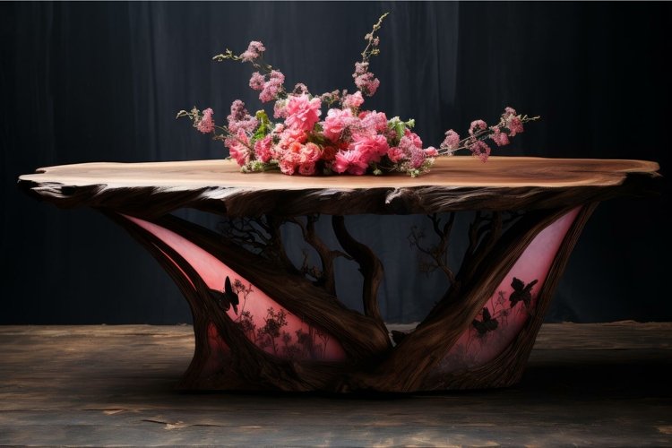 Fragrant Spring wooden table tree blossom. Generate Ai example image 1