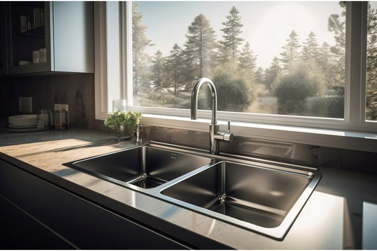 Stainless kitchen double sink. Generate ai