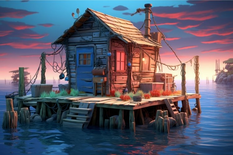 Fishing wood house game sunset. Generate Ai example image 1