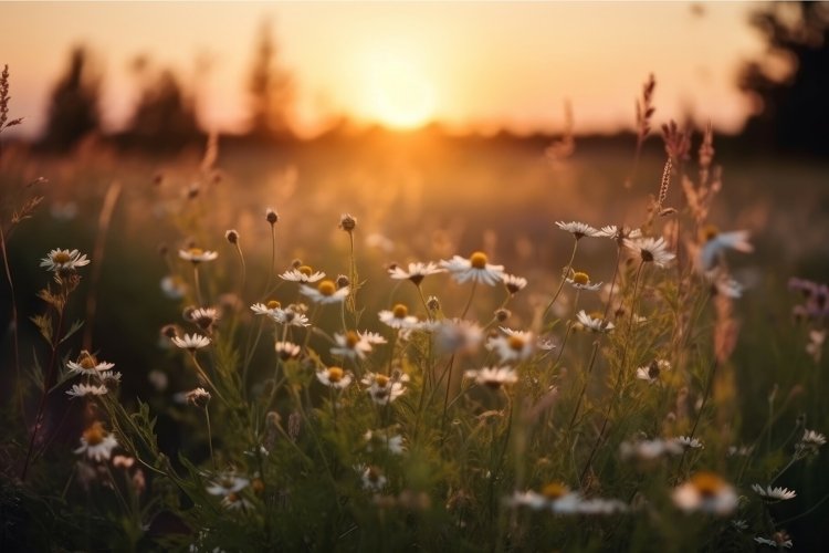 Summer meadow wild flowers sunset. Generate Ai