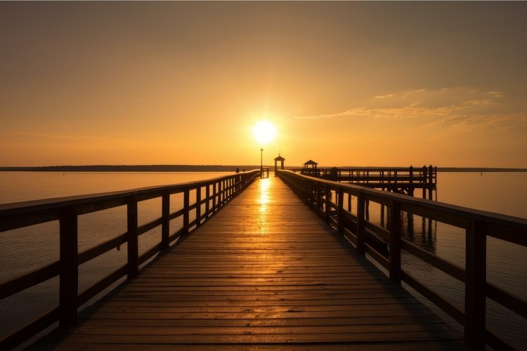 Serene sunset on a wooden pier over calm water