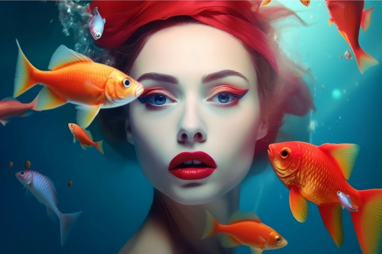 Woman surrealistic fishes. Generate Ai