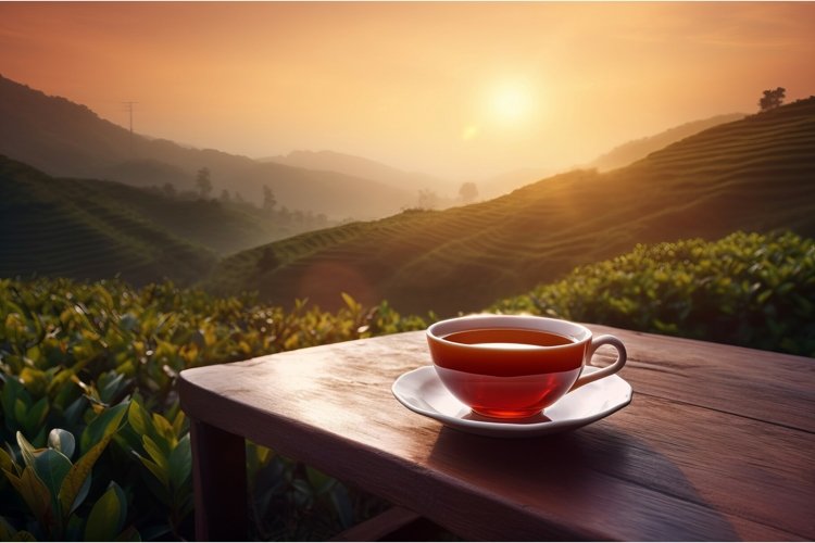 Black tea cup on timber table with plantation tea view. Gene example image 1