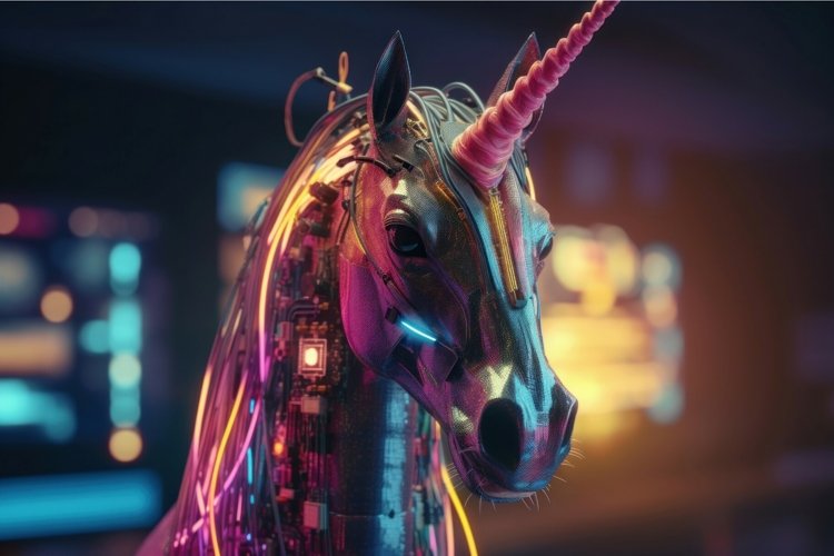 Techno unicorn colorful. Generate AI example image 1