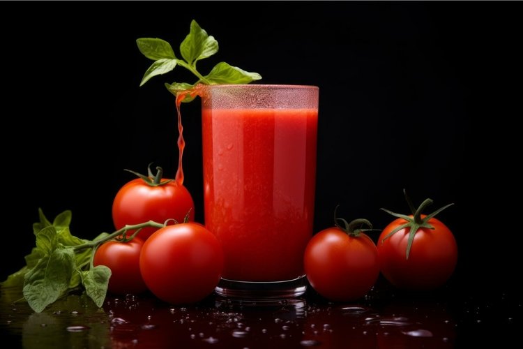 Fresh tomato juice with basil on black background