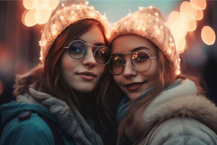 Two girls with hat decorated with lights. Generate ai example image 1