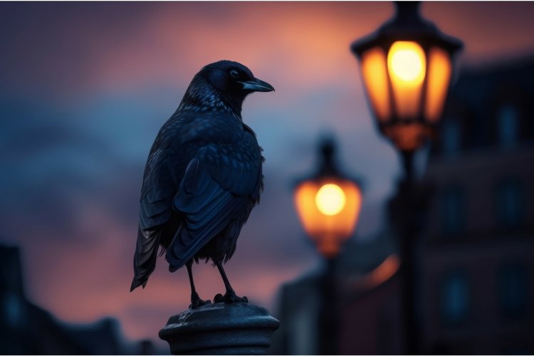 Urban majestic crow in dark illuminated street. Generate ai example image 1