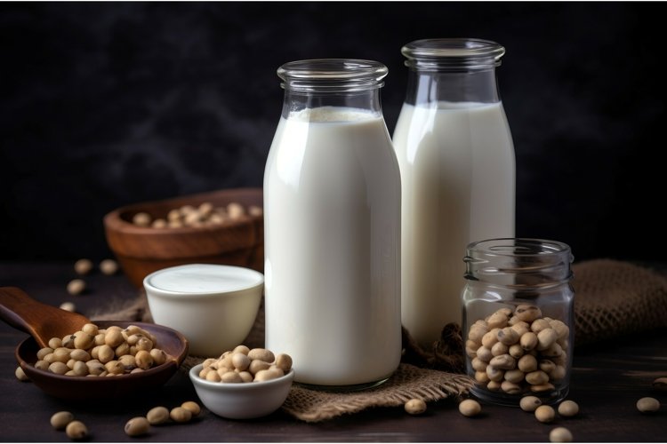 Vegan milk bottles. Generate Ai example image 1