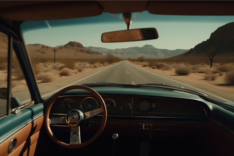 Vintage car interior on desert road. Generate ai example image 1