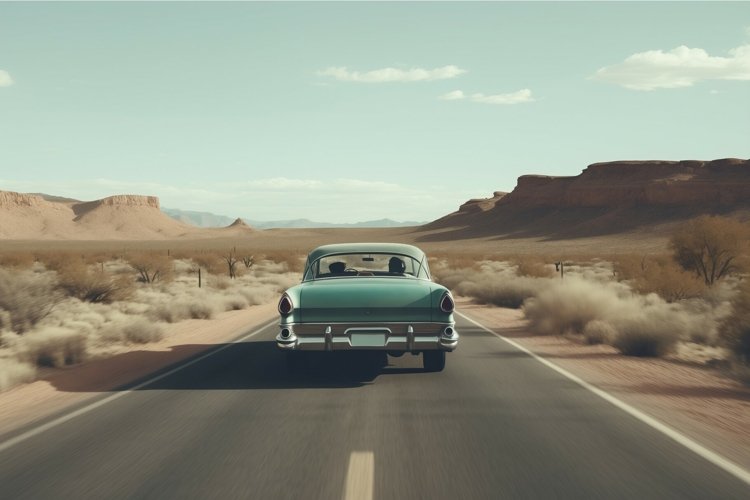 Vintage car driving in the middle of desert road. Generate a
