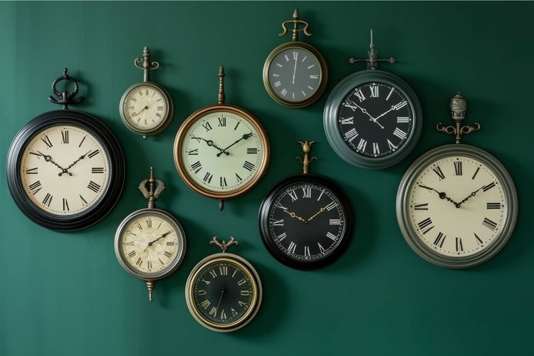 Vintage clocks wall. Generate Ai