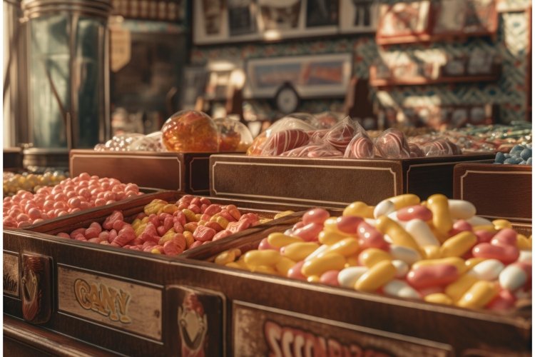 Store vintage candies local shop. Generate Ai