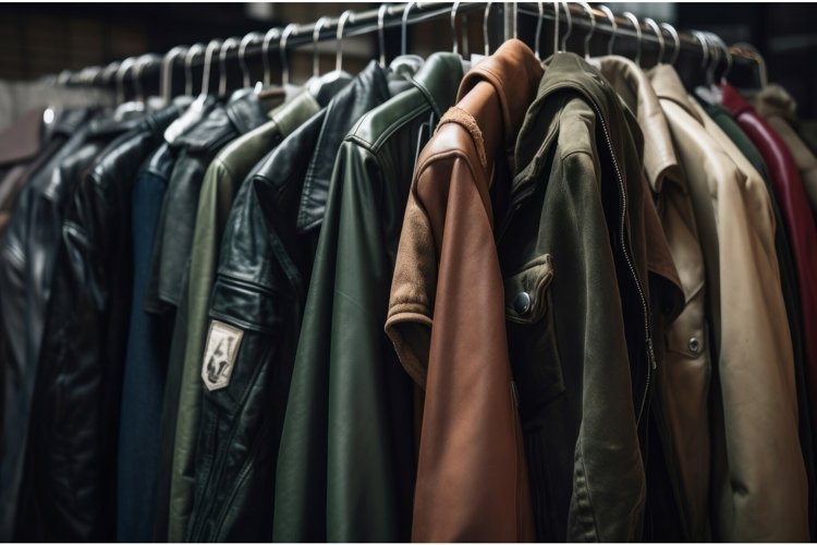 Vintage leather jackets rack. Generate ai example image 1