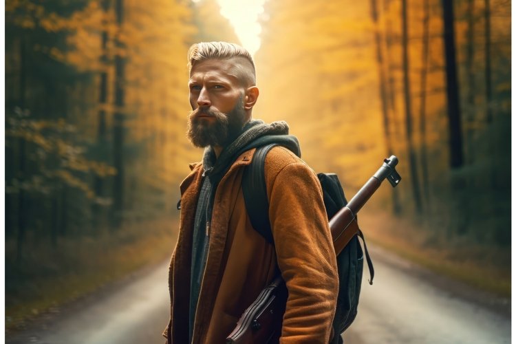 Man walking toward rifle at road. Generate Ai