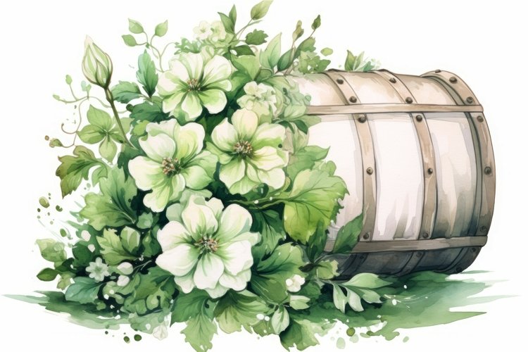 Watercolor green floral barrel summer. Generate Ai example image 1