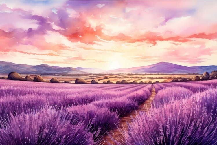 Watercolor lavender field. Generate Ai example image 1