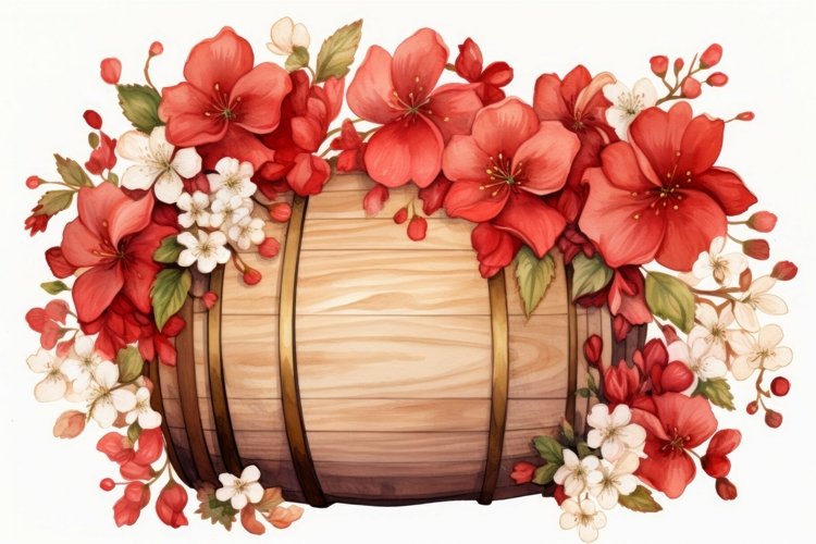 Watercolor red floral barrel. Generate Ai example image 1