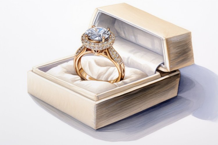 Watercolor wedding ring in box. Generate Ai