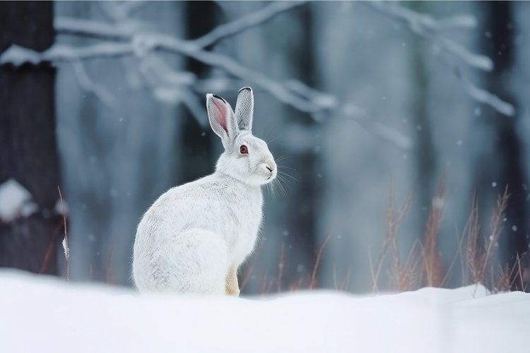 White bunny in winter snowy forest. Generate ai example image 1