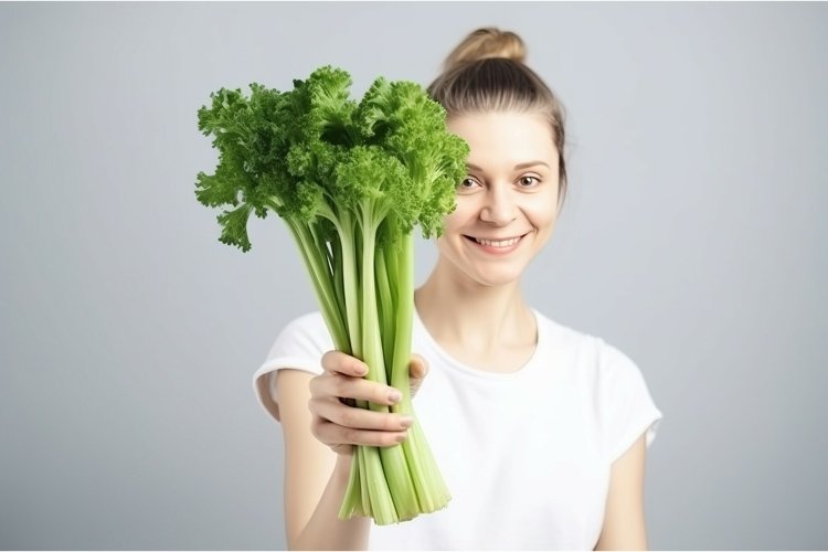 Woman fresh green celery bunch. Generate Ai example image 1