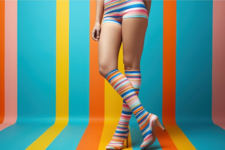 Woman in striped stockings on color background. Generate Ai example image 1