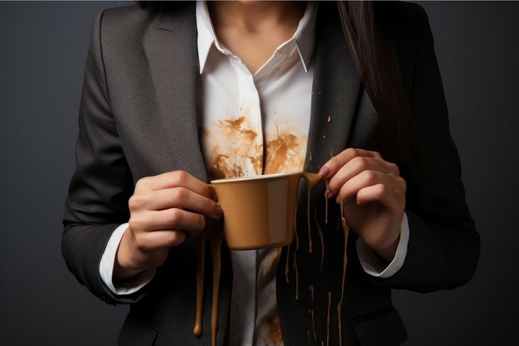 Woman showing stain of coffee her jacket. Generate Ai example image 1