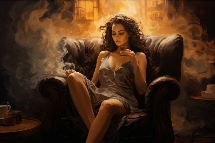 Sexy woman on armchair drink coffee. Generate Ai