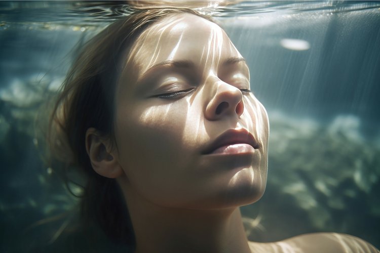 Woman portrait underwater closeup. Generate ai example image 1