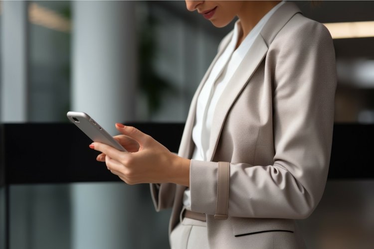 Woman using phone in office closeup. Generate Ai