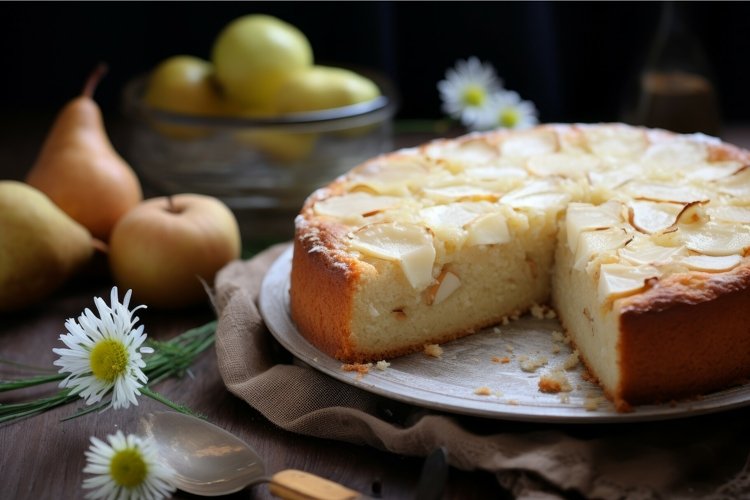 Yoghurt cake pear plate. Generate Ai example image 1