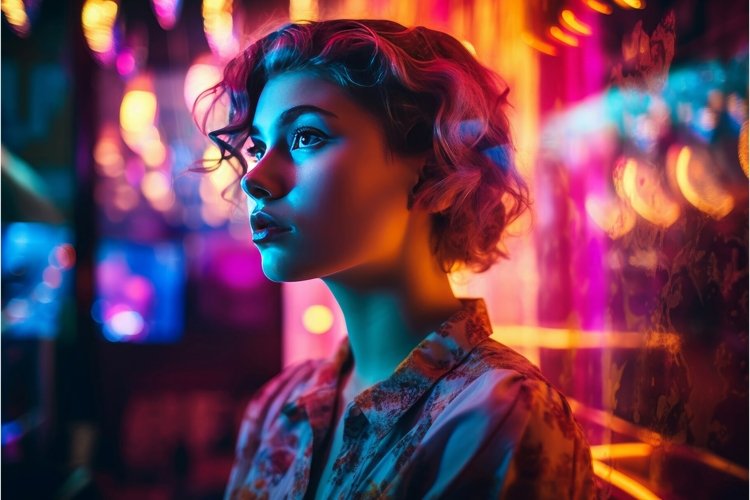 Young woman on neon multicolored background. Generate ai example image 1