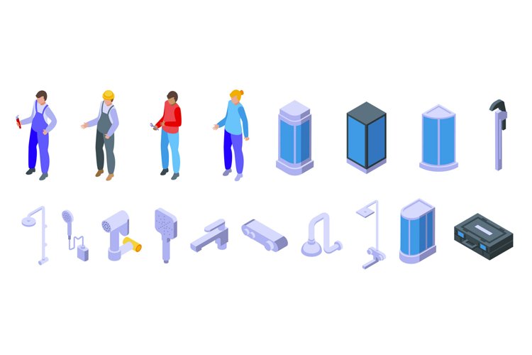 Fixing broken shower icons set isometric vector. Plumber wor