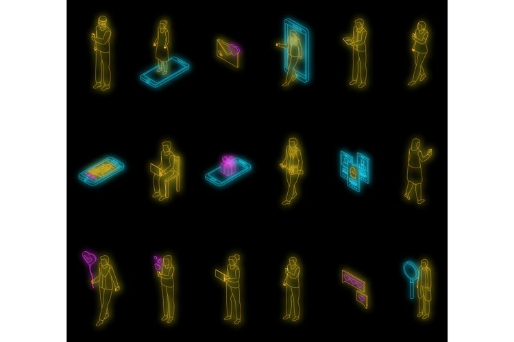 Online dating icons set vector neon