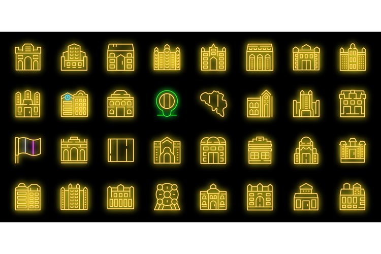 Brussels icons set vector neon