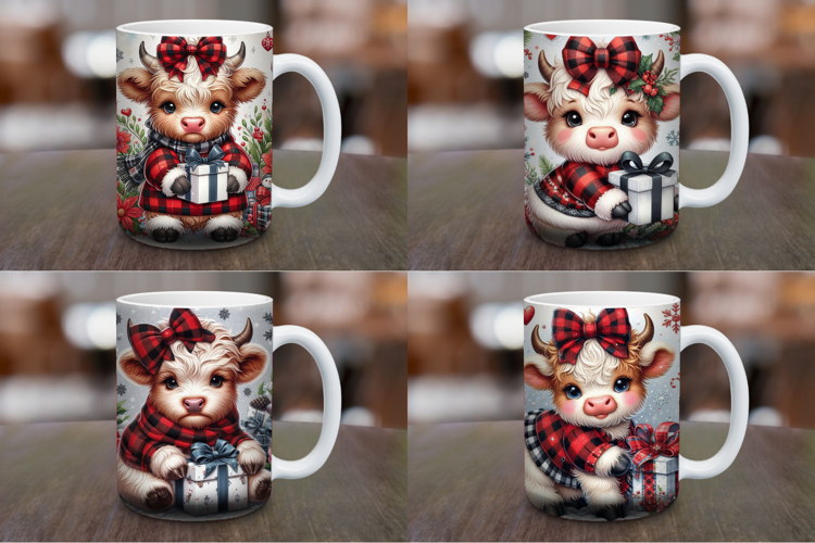 Mug Wrap Sublimation - christmas plaid baby highland cow
