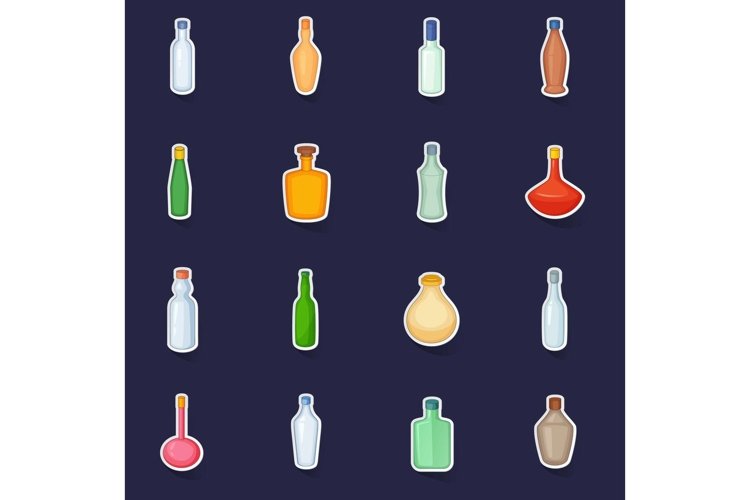 Different bottles icons set vector sticker