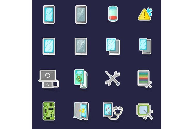 Broken phones fix icons set vector sticker example image 1