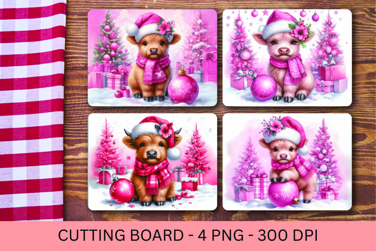 kitchen cutting board - pink christmas baby highland cow