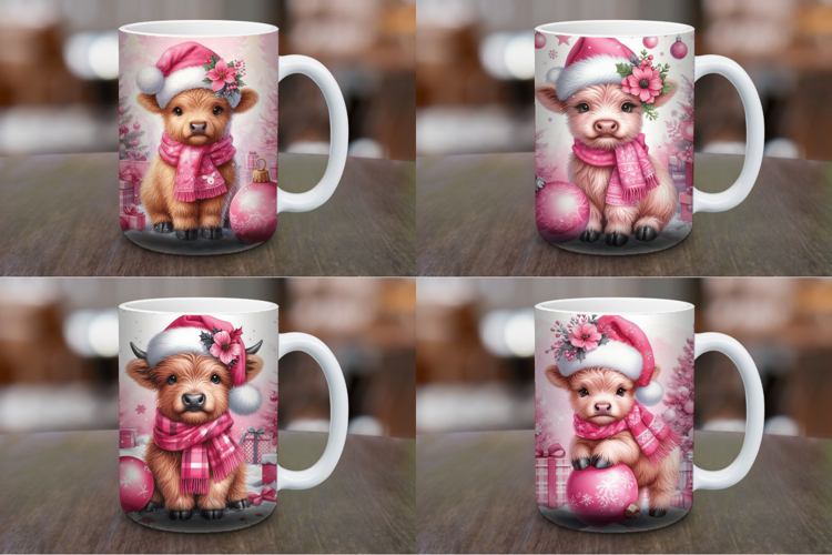 Mug Wrap Sublimation - pink christmas baby highland cow
