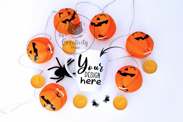 Flat lay Halloween Mockup | White Mug Mockup