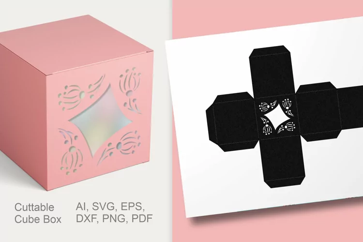Floral Border Window Cuttable Cube Gift Box SVG Template