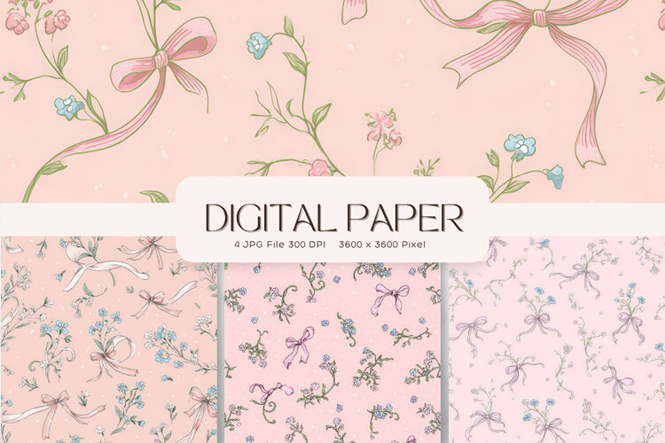 Bow Ribbon Background Bow Digital Paper Pattern Wallpaper303 example image 1
