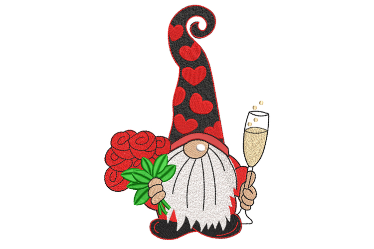Valentine Gnome. Champagne Flute. Red roses.