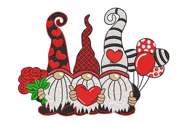 Valentine Gnomes with red roses and Balloons.