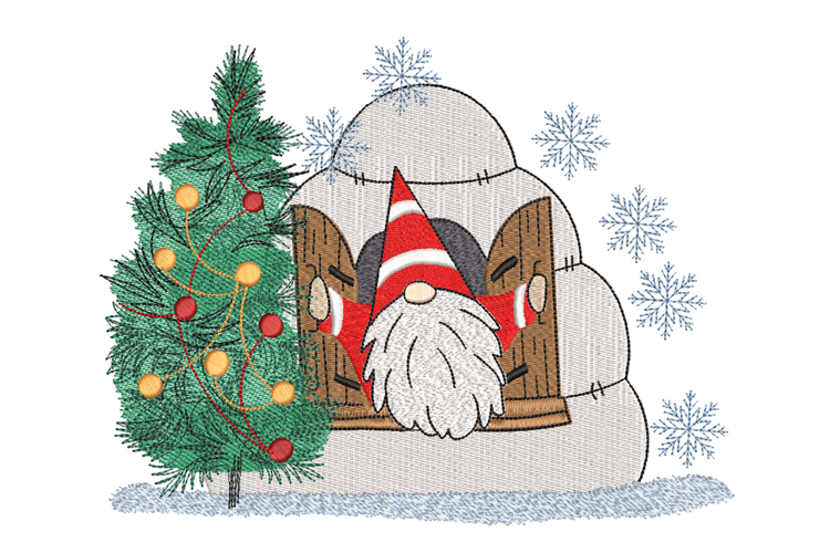 Christmas Gnome with igloo. Xmas Machine Embroidery