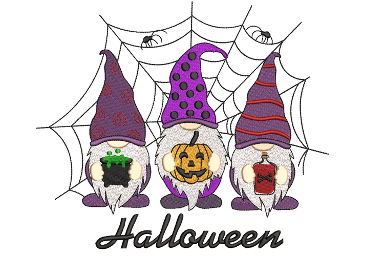 Three Halloween Gnomes with spider web and bat.