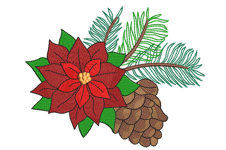 Poinsettia, Pine Cone, Christmas Machine Embroidery File.