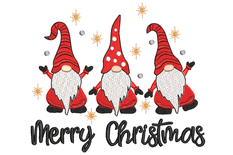 Three Christmas Gnomes. Merry Xmas Machine Embroidery